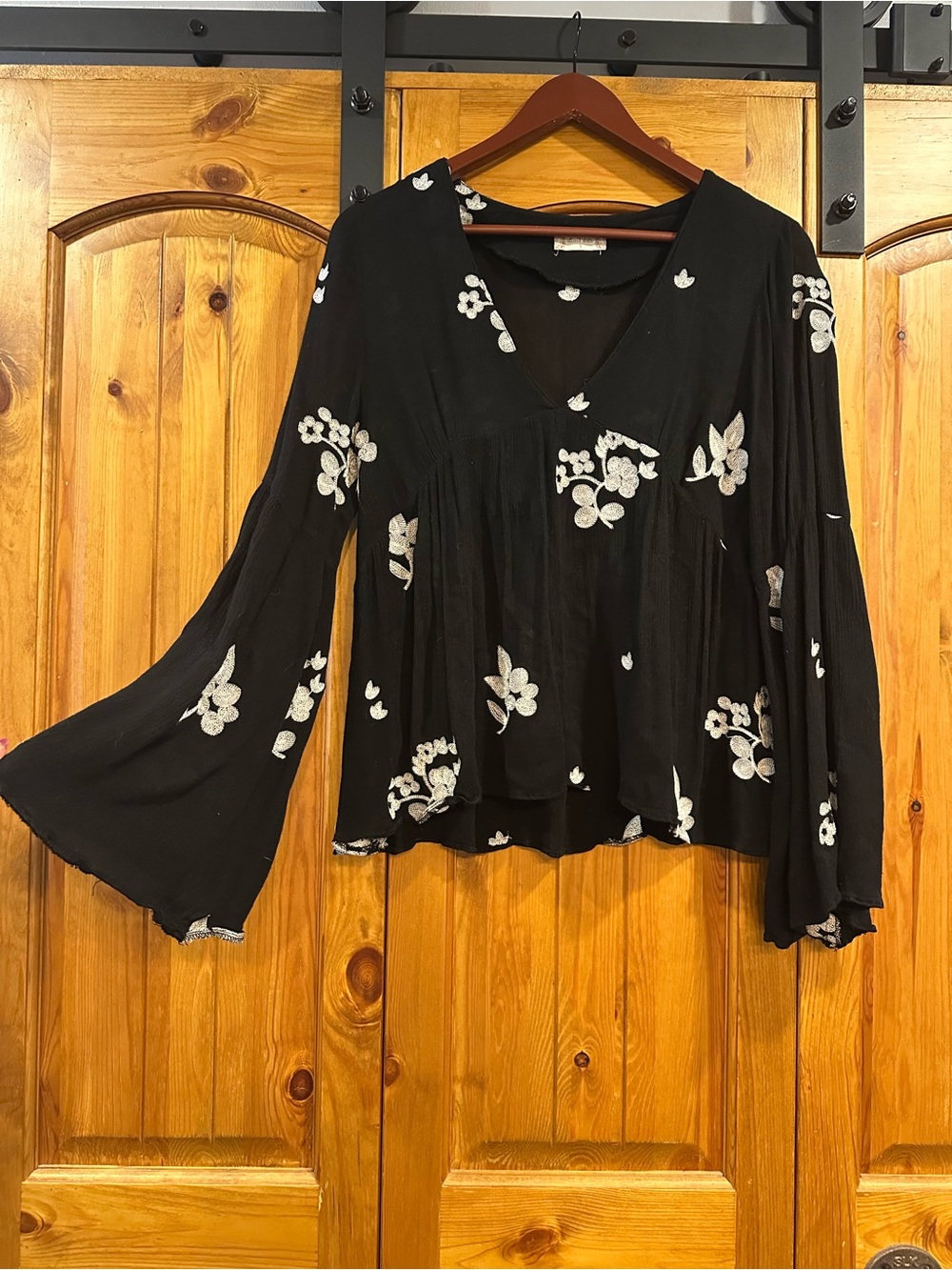 Altar'd State Black Blouse with White Floral Embroidery and Bell Sleeves